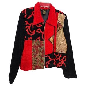 Julia Kim Women's Patchwork Red Black Gold Zippered Jacket Size PS